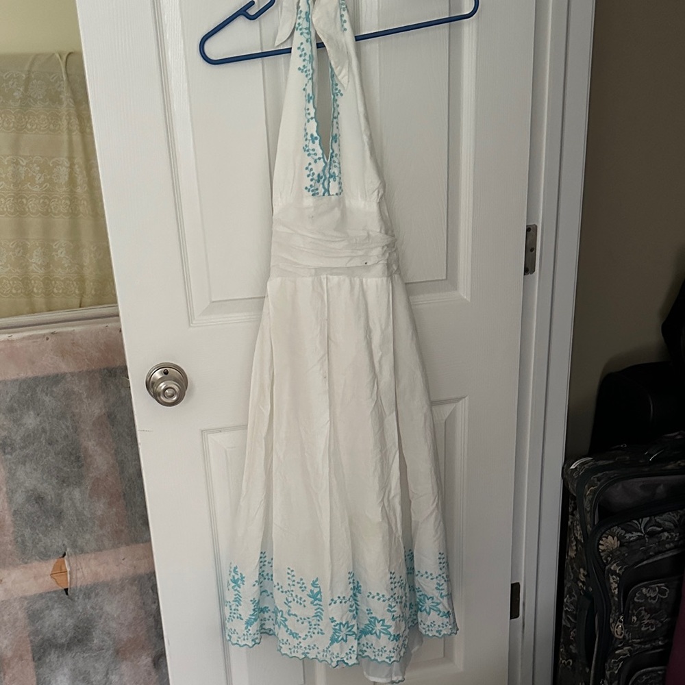 Robbie Bee White Dress with Blue Floral Design